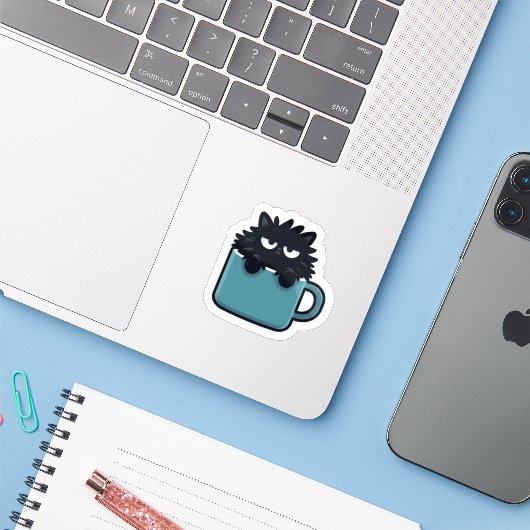 Tasse de café autocollant chat noir grincheux (Ordinateur portable avec iPhone)