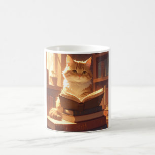 Tasse de café avec un chat lisant confortablement