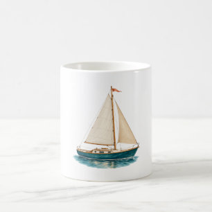 Tasse de café côtière avec voilier sarcelle sur l'