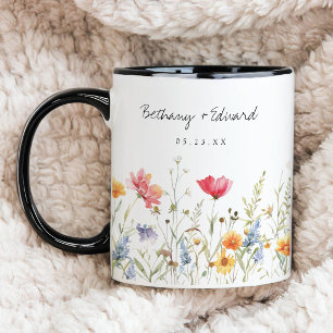 Tasse de café de mariage à fleurs sauvages aquarel