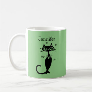 Tasse de café rétro style MCM chat vert au long co