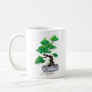 Tasse de café verte d'aquarelle de bonsaïs