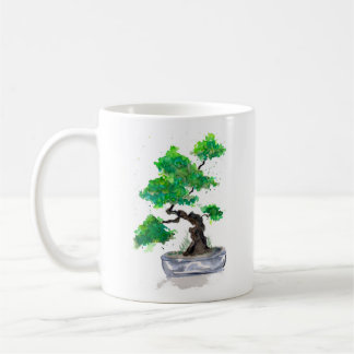 Tasse de café verte d'aquarelle de bonsaïs