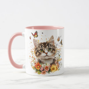 Tasse de chaton mignon – Entouré de fleurs et de p