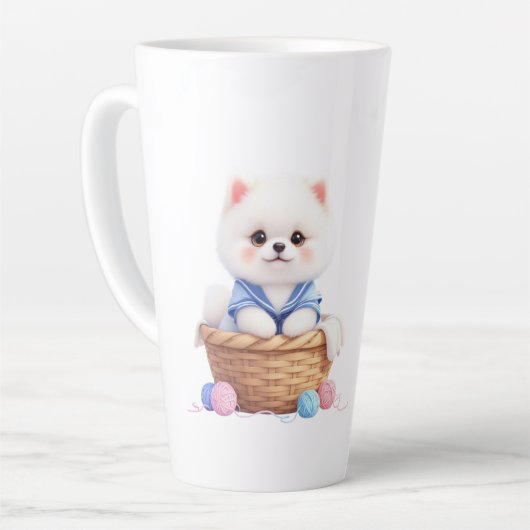 Tasse de Latte avec un chiot mignon dans un panier (Angle gauche)