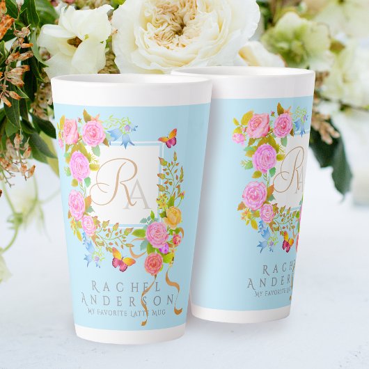 Tasse de Latte Bleue à Monogramme de Jardin Fleuri