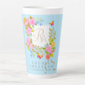 Tasse de Latte Bleue à Monogramme de Jardin Fleuri (Devant)