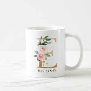 Tasse de monogramme, monogramme floral E, cadeau