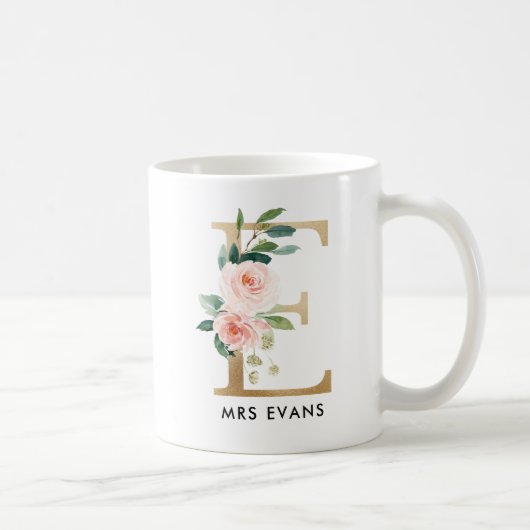 Tasse de monogramme, monogramme floral E, cadeau (Droite)