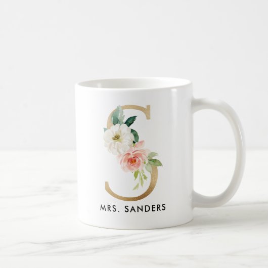 Tasse de monogramme, monogramme floral S, cadeau (Droite)