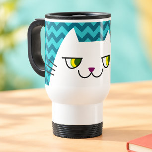 Tasse de voyage Chat Blanc Chevron Sarcelle