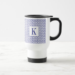 Tasse de voyage en tricot à rayures bleues + initi
