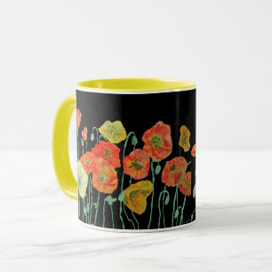 Tasse en aquarelle Coquelicots orange et noir
