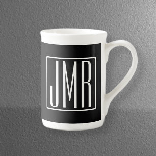 Tasse En Porcelaine 3 Initiales Monogramme Noir & Blanc (ou couleur