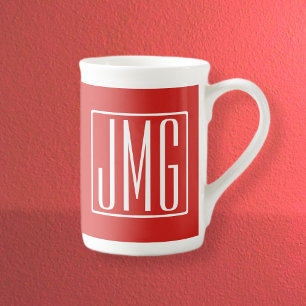 Tasse En Porcelaine 3 Initiales Monogramme Rouge & Blanc (ou couleur