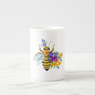 Tasse En Porcelaine Abeille à fleurs avec plantes sauvages