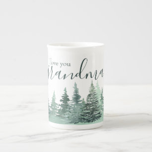 Tasse En Porcelaine Amour à Mamie Aquarelle Forêt d'Hiver Verte