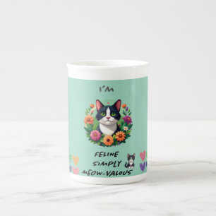 Tasse En Porcelaine Amoureux des chats chat tuxedo floral , coeurs