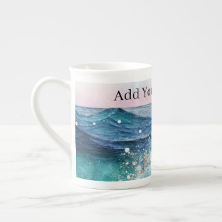 Tasse En Porcelaine Aquarelle Bleu Blanc Océan Vague Personnalisée Nom