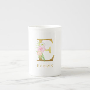 Tasse En Porcelaine Aquarelle Floral & Lettre Or E Monogramme