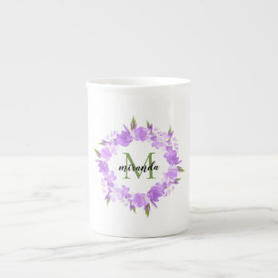 Tasse En Porcelaine Aquarelle Purple Floral Nom de la couronne Monogra