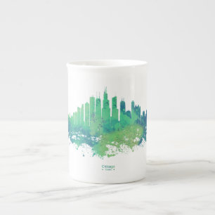 Tasse En Porcelaine Aquarelle Skyline de Chicago en bleu et vert