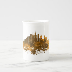 Tasse En Porcelaine Aquarelle Skyline de Chicago en orange