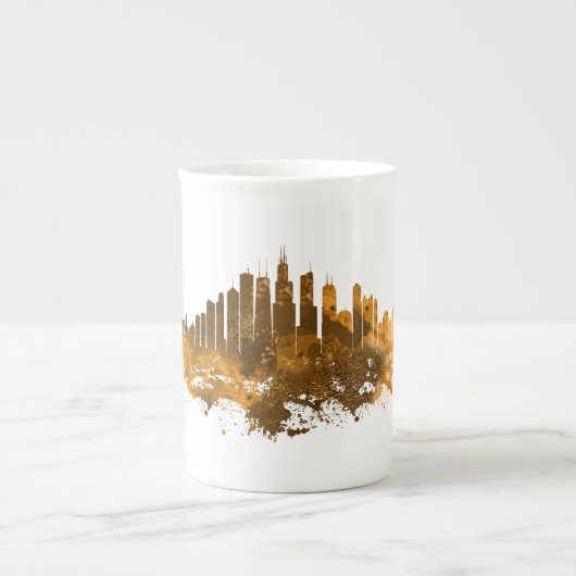 Tasse En Porcelaine Aquarelle Skyline de Chicago en orange (Devant)