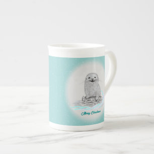 Tasse En Porcelaine Bébé loutre de mer blanche mignonne, Joyeux Noël