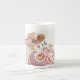 Tasse En Porcelaine blanc, rose aquarelle Vintage Lady beauté florale