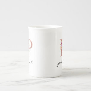 Tasse En Porcelaine Blush rose Monogramme Lettre P Floral Aquarelle