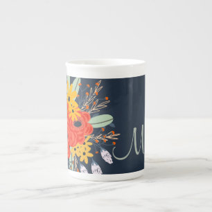 Tasse En Porcelaine Bouquet floral moderne Monogramme bleu