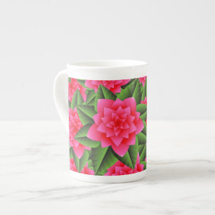 Tasse En Porcelaine Camellias rose corail et Feuilles verts