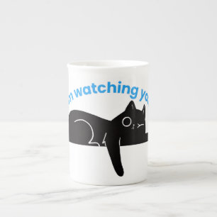 Tasse En Porcelaine Chat Noir Drôle Illustration Minimaliste