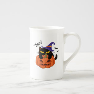 Tasse En Porcelaine Chat noir grassouillet dans un chapeau de sorcière