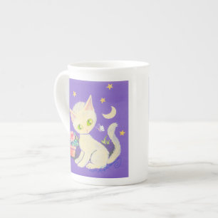 Tasse En Porcelaine Chaton Kitty Cat Avec Pot de Fleur, Lune & Étoiles