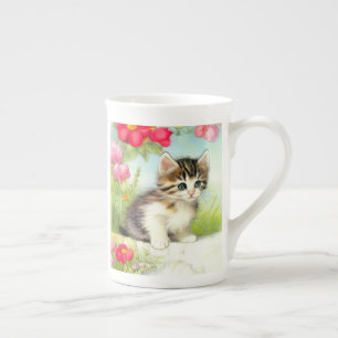 Tasse En Porcelaine Chaton vintage blanc et Brown avec fleurs