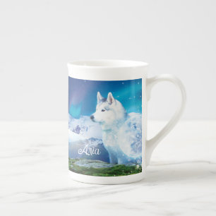 Tasse En Porcelaine Chien Husky avec montagnes et aurores boréales