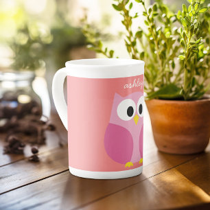 Tasse En Porcelaine Chouette caricaturale mignonne en rose et corail