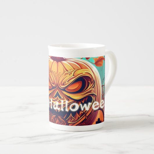 Tasse En Porcelaine Citrouille orange effrayant avec visage, Halloween (Devant droit)