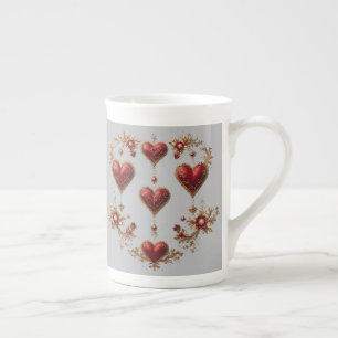 Tasse En Porcelaine Cœurs rouges élégants avec détails floraux dorés