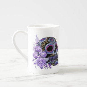 Tasse En Porcelaine Crâne de sucre noir violet Floral Jour des morts