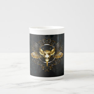 Tasse En Porcelaine Crâne d'oiseaux dorés sur arrière - plan noir