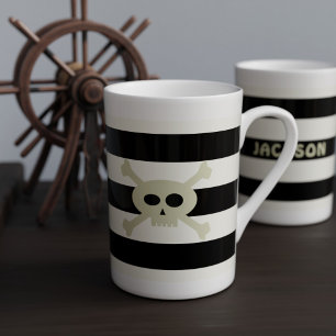 Tasse En Porcelaine Crâne et os croisés Pirate noir blanc rayures