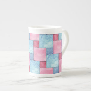 Tasse En Porcelaine Denim Patchwork Bone China Mug, Rose, Blues