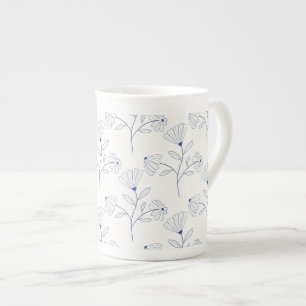 Tasse En Porcelaine Dessin au trait de fleurs bleues à l'encre