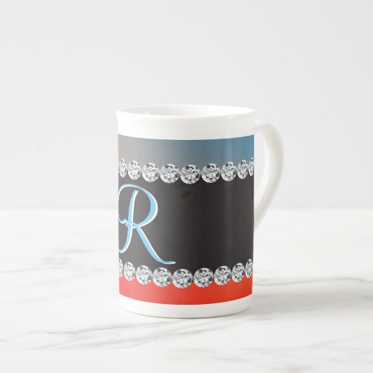 Tasse En Porcelaine Diamant noir orange bleu 3d Monogramme initial (Devant droit)