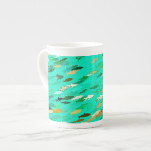 Tasse En Porcelaine École de Poisson, Aqua, Vert et Or