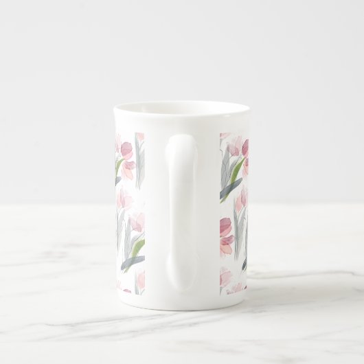 Tasse En Porcelaine Elégante Tulipes Roses Bleues Sage Vert Feuille Bl (Dos)