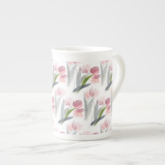 Tasse En Porcelaine Elégante Tulipes Roses Bleues Sage Vert Feuille Bl (Devant droit)